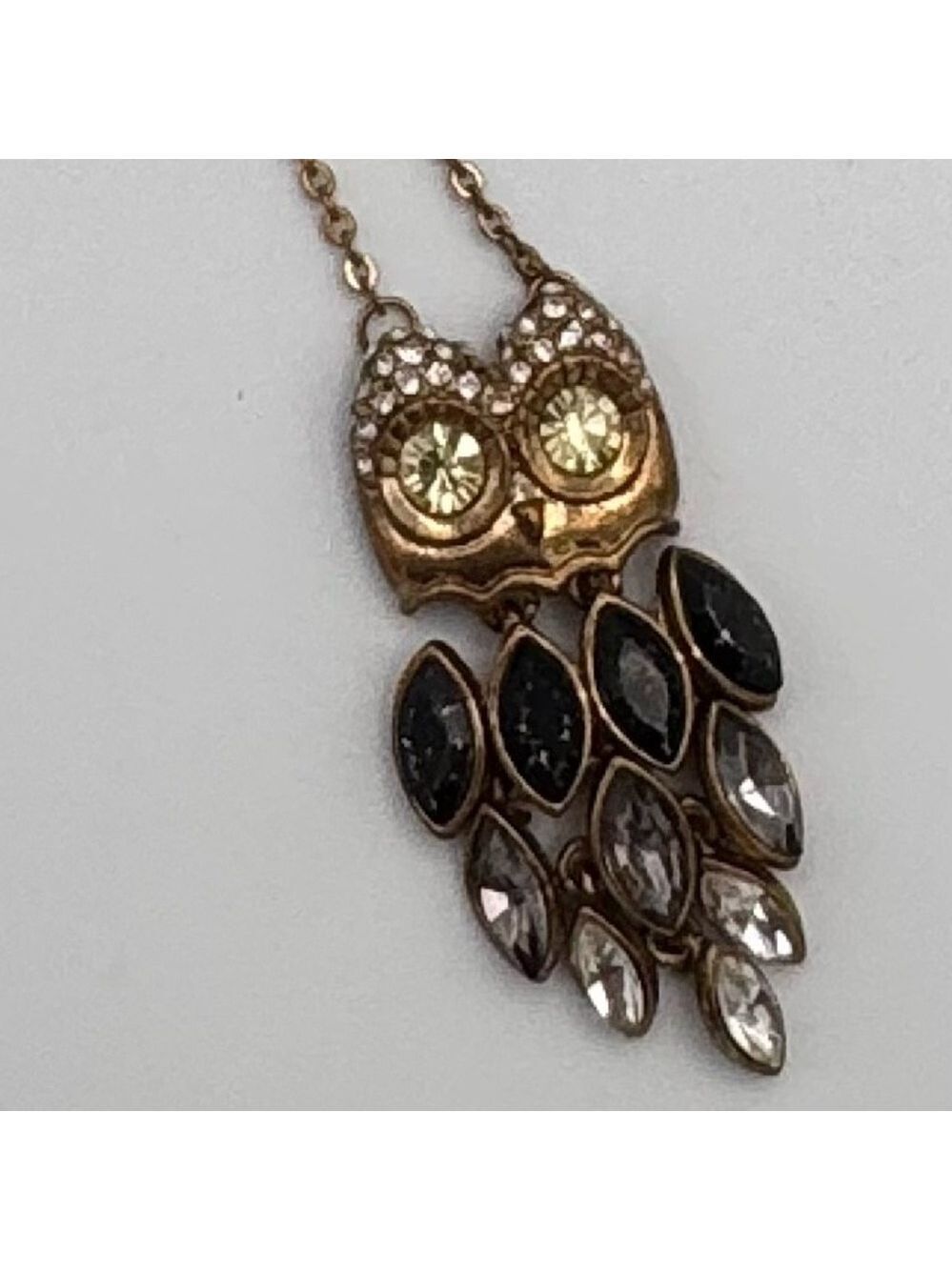 Antiqued Gold Tone Owl Pendant Necklace with Rhinestone & Faceted Stone